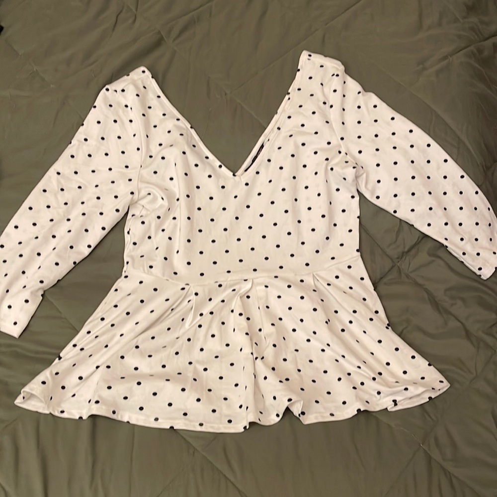 Victoria’s Secret Black and White 3/4 Sleeve Polka Dot Peplum Top